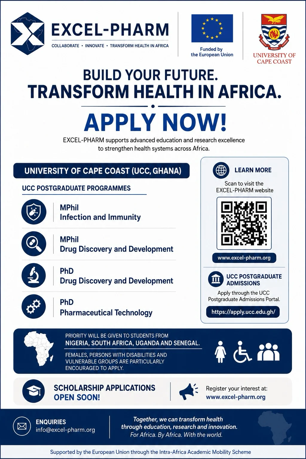 EXCEL-PHARM 2026 admissions poster — UCC postgraduate programmes