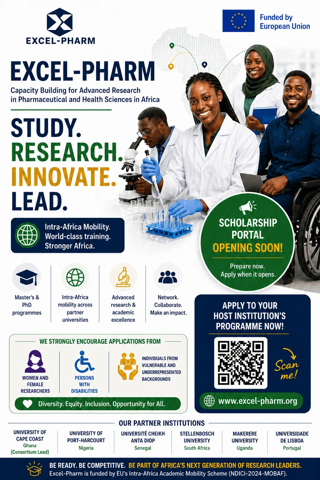EXCEL-PHARM consortium flyer — study, research, innovate, lead across Africa